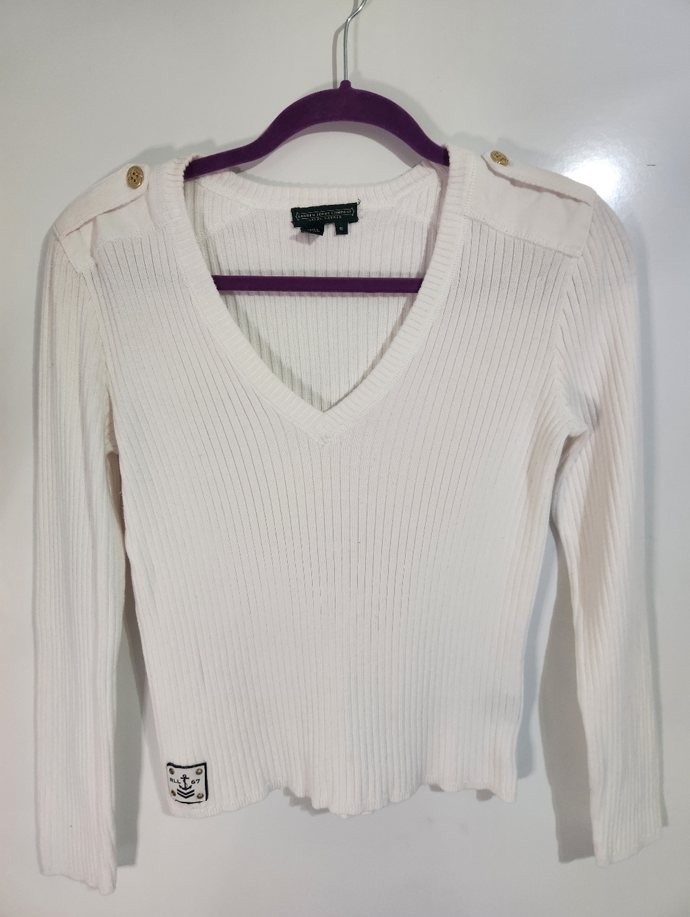 Lauren Ralph Lauren White Ribbed V-Neck Sweater, Size Medium